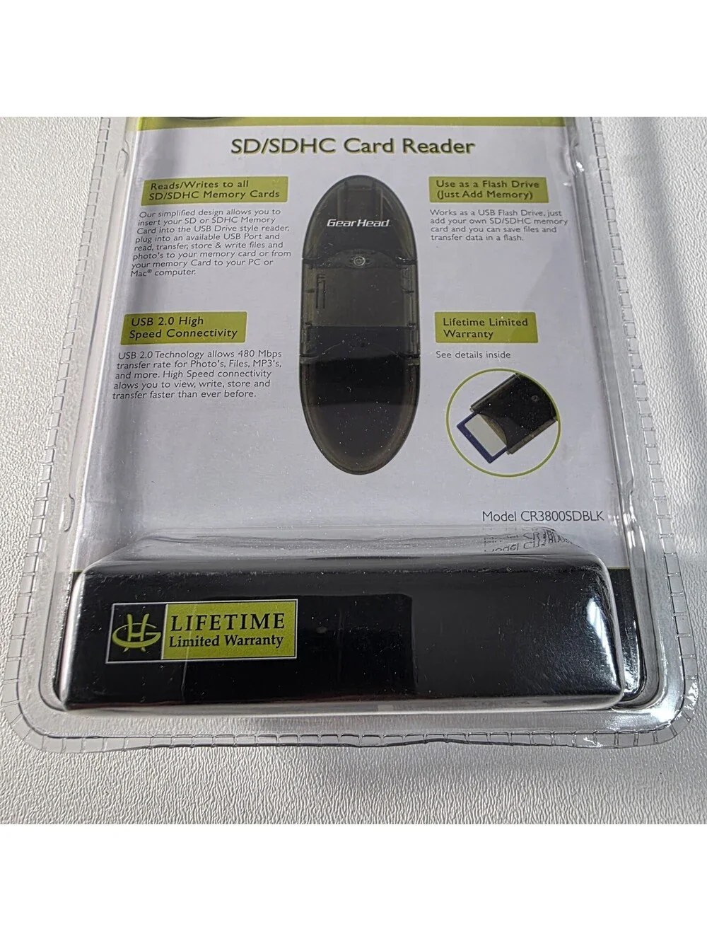GearHead USB Digital SD/SDHC Card Reader - 480Mbps CR3800SDBLK - NEW